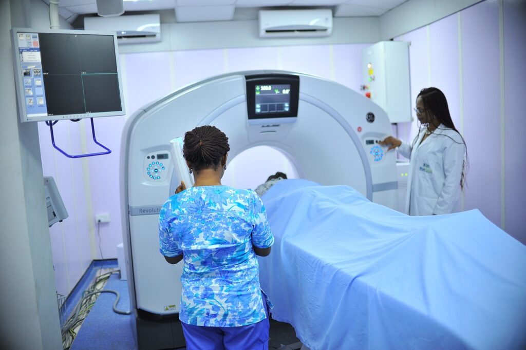 An MRI machine inside a hospital that requires chemical solutions for sanitary purposes.